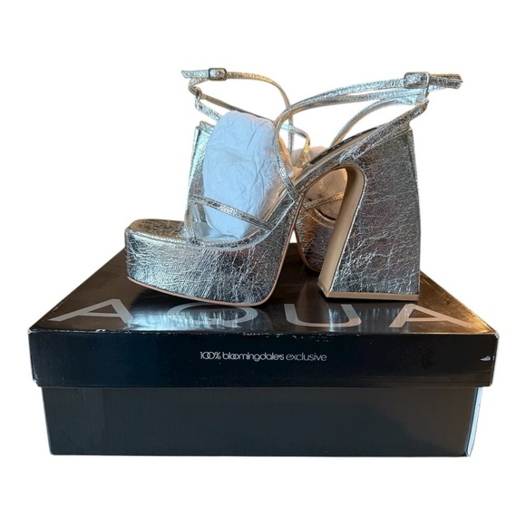 Aqua Chanc Metallic Silver High Heel Platform Sandals Square Toe Strappy NEW 9 - Picture 3 of 11
